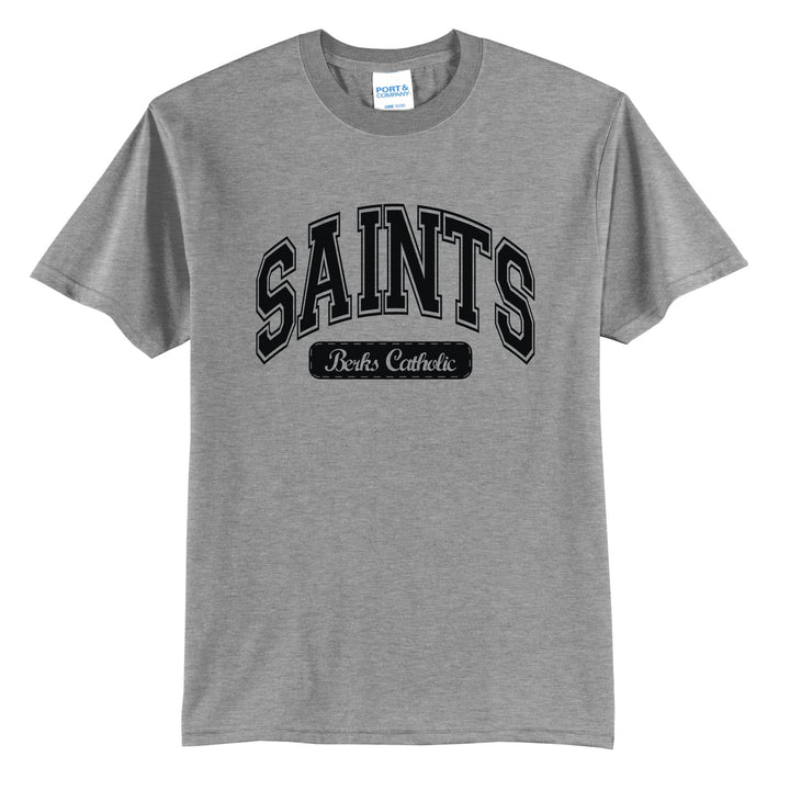 Berks Catholic Saints Varsity Arch t-shirt in Athletic Heather: arched varsity SAINTS lettering over a Berks Catholic badge