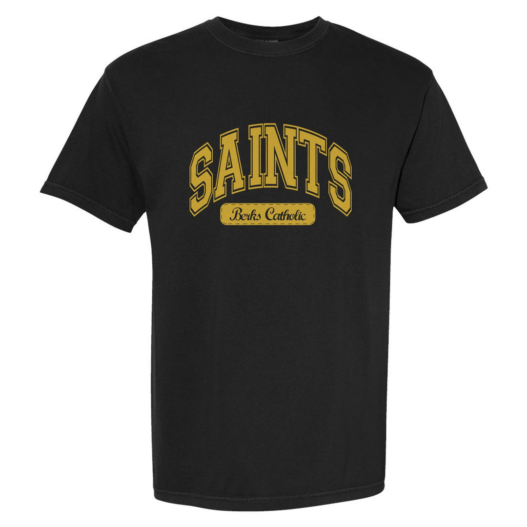 Berks Catholic Saints Varsity Arch comfort colors t-shirt in Black: arched varsity SAINTS lettering over a Berks Catholic badge