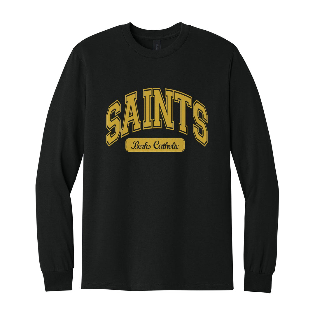 Berks Catholic Saints Varsity Arch long sleeve t-shirt in Black: arched varsity SAINTS lettering over a Berks Catholic badge