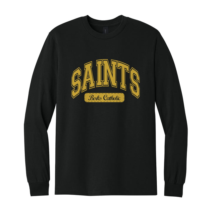 Berks Catholic Saints Varsity Arch long sleeve t-shirt in Black: arched varsity SAINTS lettering over a Berks Catholic badge