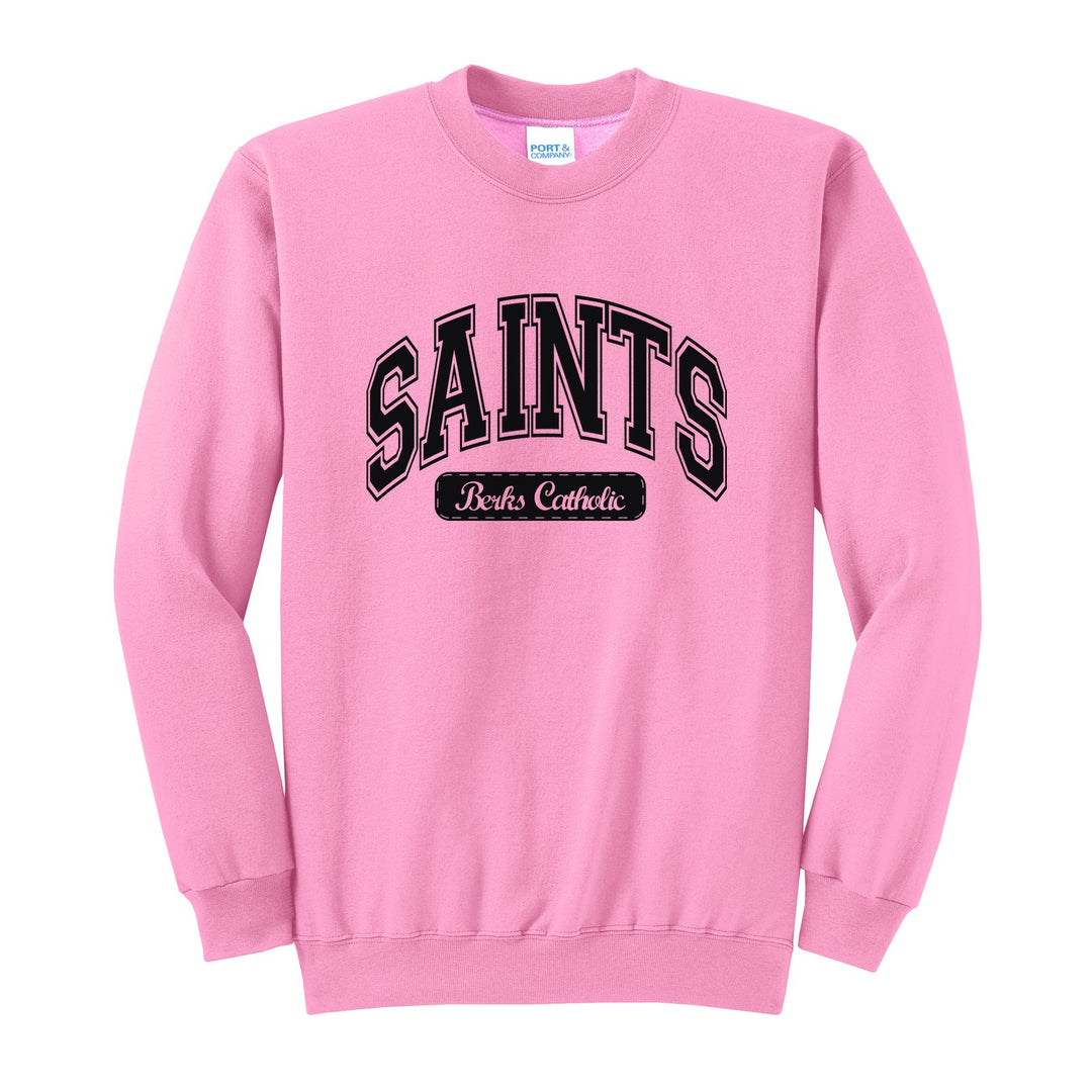 Berks Catholic Saints Varsity Arch crewneck sweatshirt in Candy Pink: arched varsity SAINTS lettering over a Berks Catholic badge