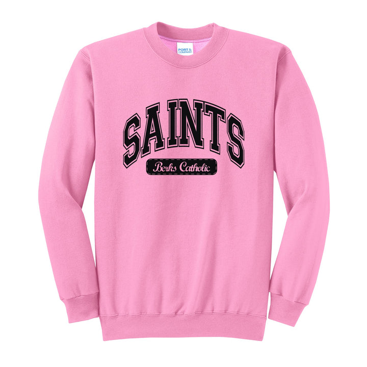 Berks Catholic Saints Varsity Arch crewneck sweatshirt in Candy Pink: arched varsity SAINTS lettering over a Berks Catholic badge