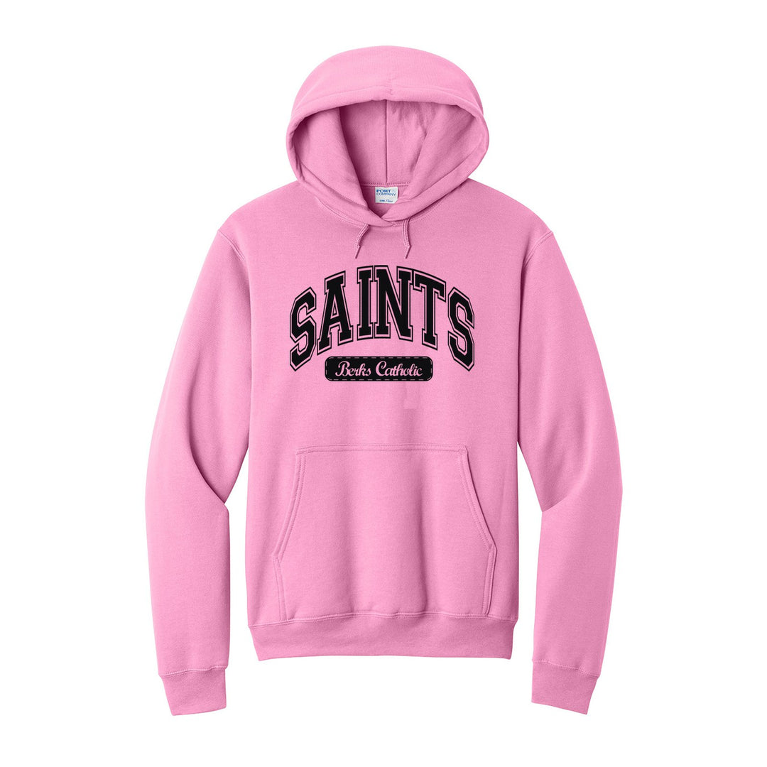 Berks Catholic Saints Varsity Arch hoodie in Candy Pink: arched varsity SAINTS lettering over a Berks Catholic badge