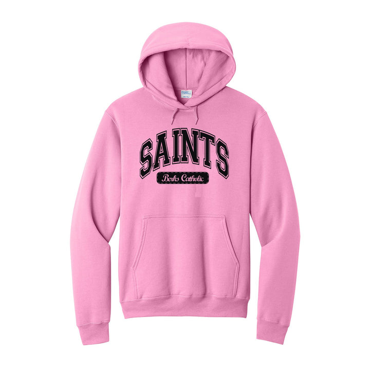 Berks Catholic Saints Varsity Arch hoodie in Candy Pink: arched varsity SAINTS lettering over a Berks Catholic badge