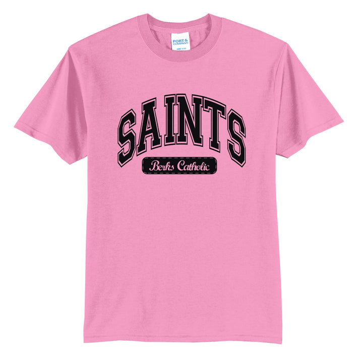 Berks Catholic Saints Varsity Arch t-shirt in Candy Pink: arched varsity SAINTS lettering over a Berks Catholic badge