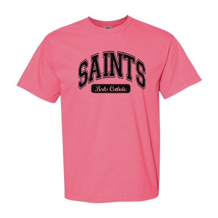 Berks Catholic Saints Varsity Arch comfort colors t-shirt in Crunchberry: arched varsity SAINTS lettering over a Berks Catholic badge