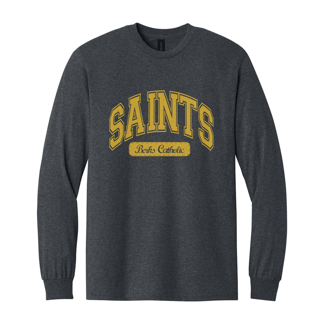 Berks Catholic Saints Varsity Arch long sleeve t-shirt in Dark Heather: arched varsity SAINTS lettering over a Berks Catholic badge