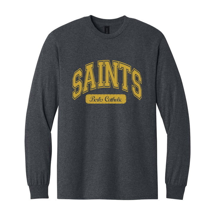 Berks Catholic Saints Varsity Arch long sleeve t-shirt in Dark Heather: arched varsity SAINTS lettering over a Berks Catholic badge