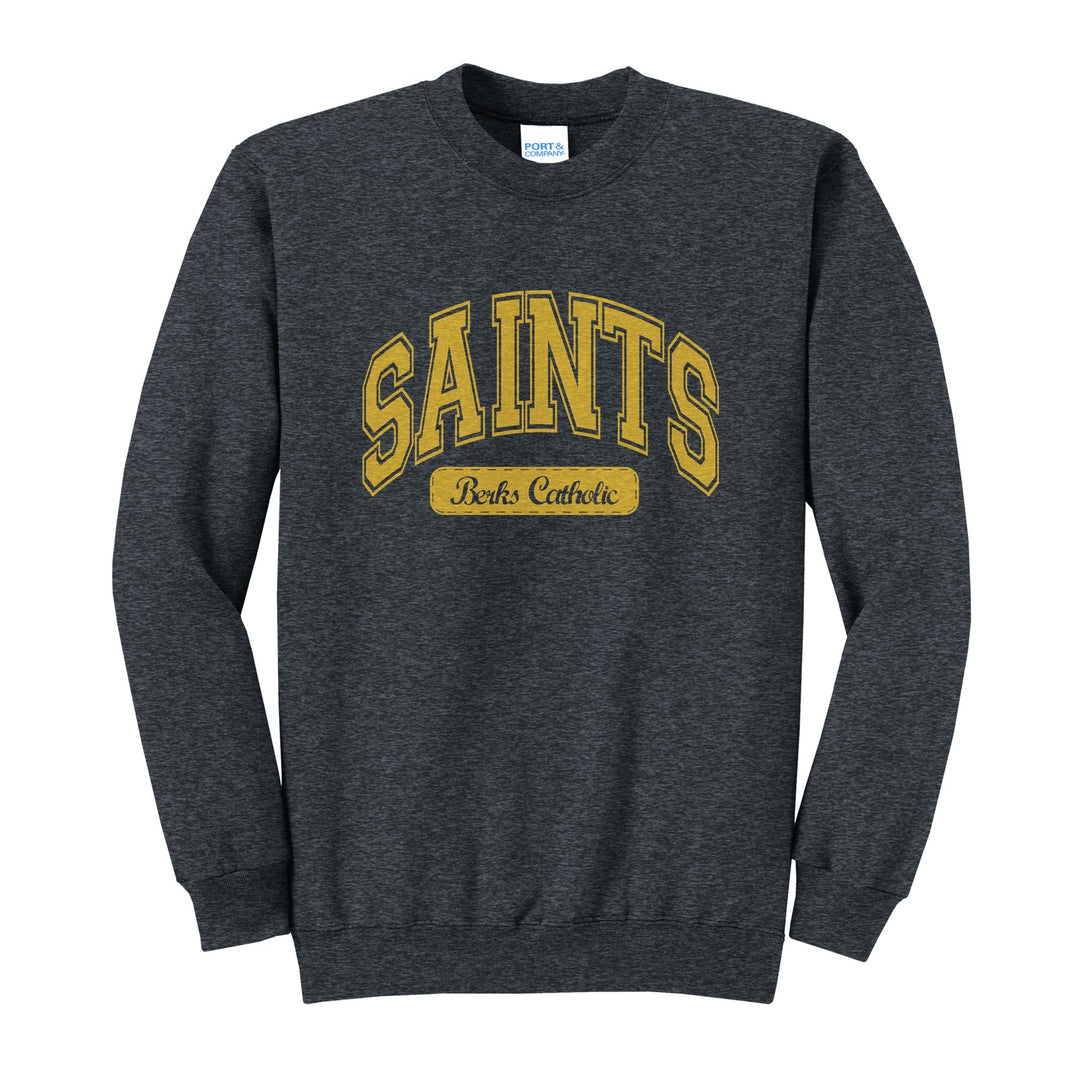 Berks Catholic Saints Varsity Arch crewneck sweatshirt in Dark Heather Grey: arched varsity SAINTS lettering over a Berks Catholic badge