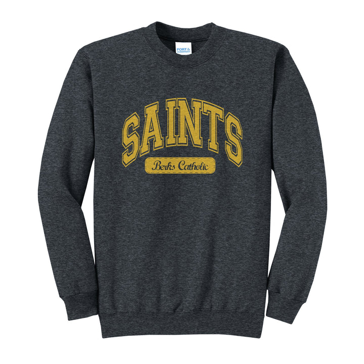 Berks Catholic Saints Varsity Arch crewneck sweatshirt in Dark Heather Grey: arched varsity SAINTS lettering over a Berks Catholic badge