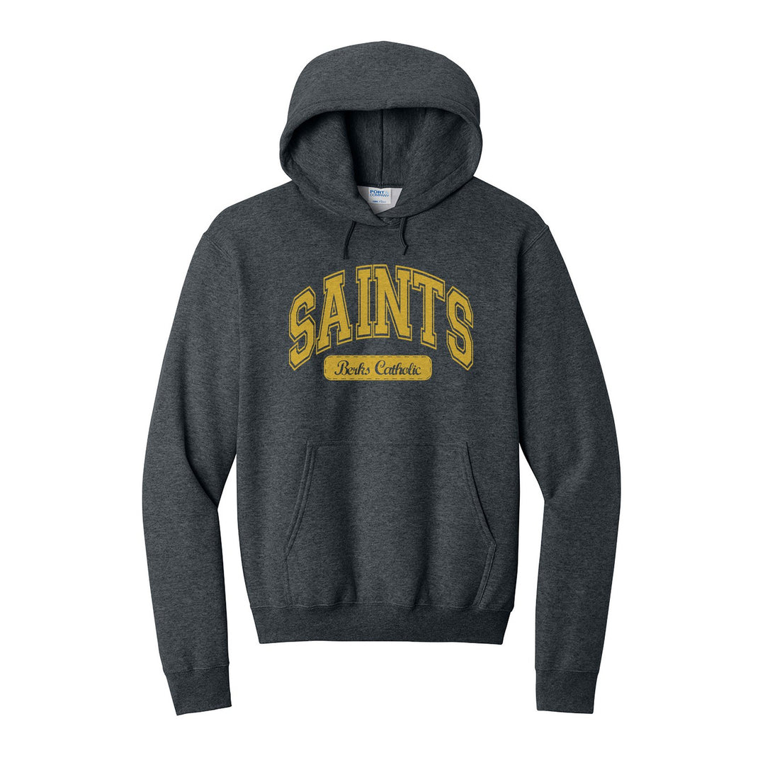 Berks Catholic Saints Varsity Arch hoodie in Dark Heather Grey: arched varsity SAINTS lettering over a Berks Catholic badge