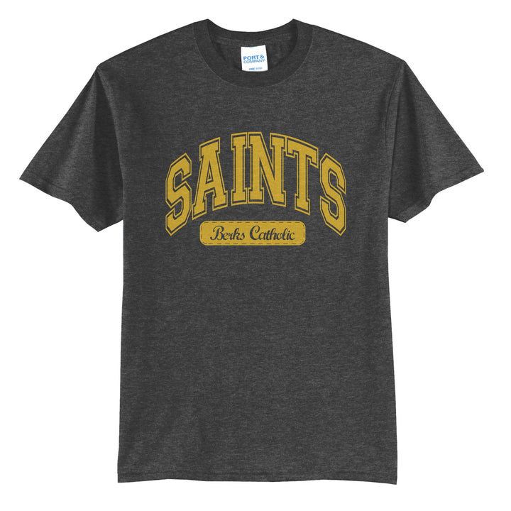 Berks Catholic Saints Varsity Arch t-shirt in Dark Heather Grey: arched varsity SAINTS lettering over a Berks Catholic badge