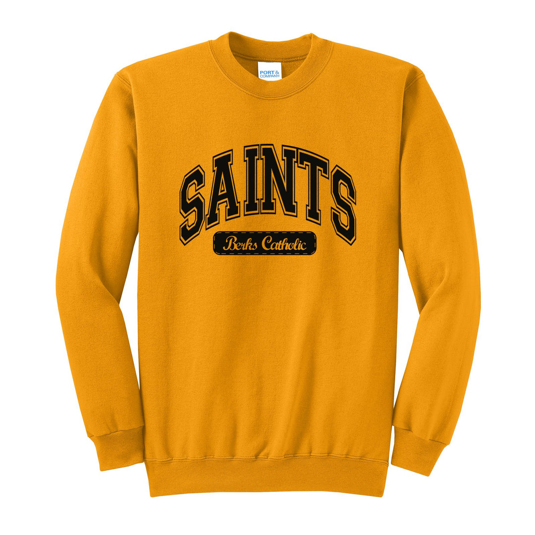Berks Catholic Saints Varsity Arch crewneck sweatshirt in Gold: arched varsity SAINTS lettering over a Berks Catholic badge