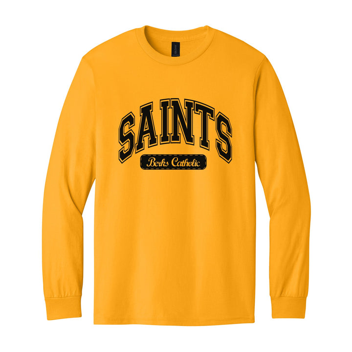 Berks Catholic Saints Varsity Arch long sleeve t-shirt in Gold: arched varsity SAINTS lettering over a Berks Catholic badge