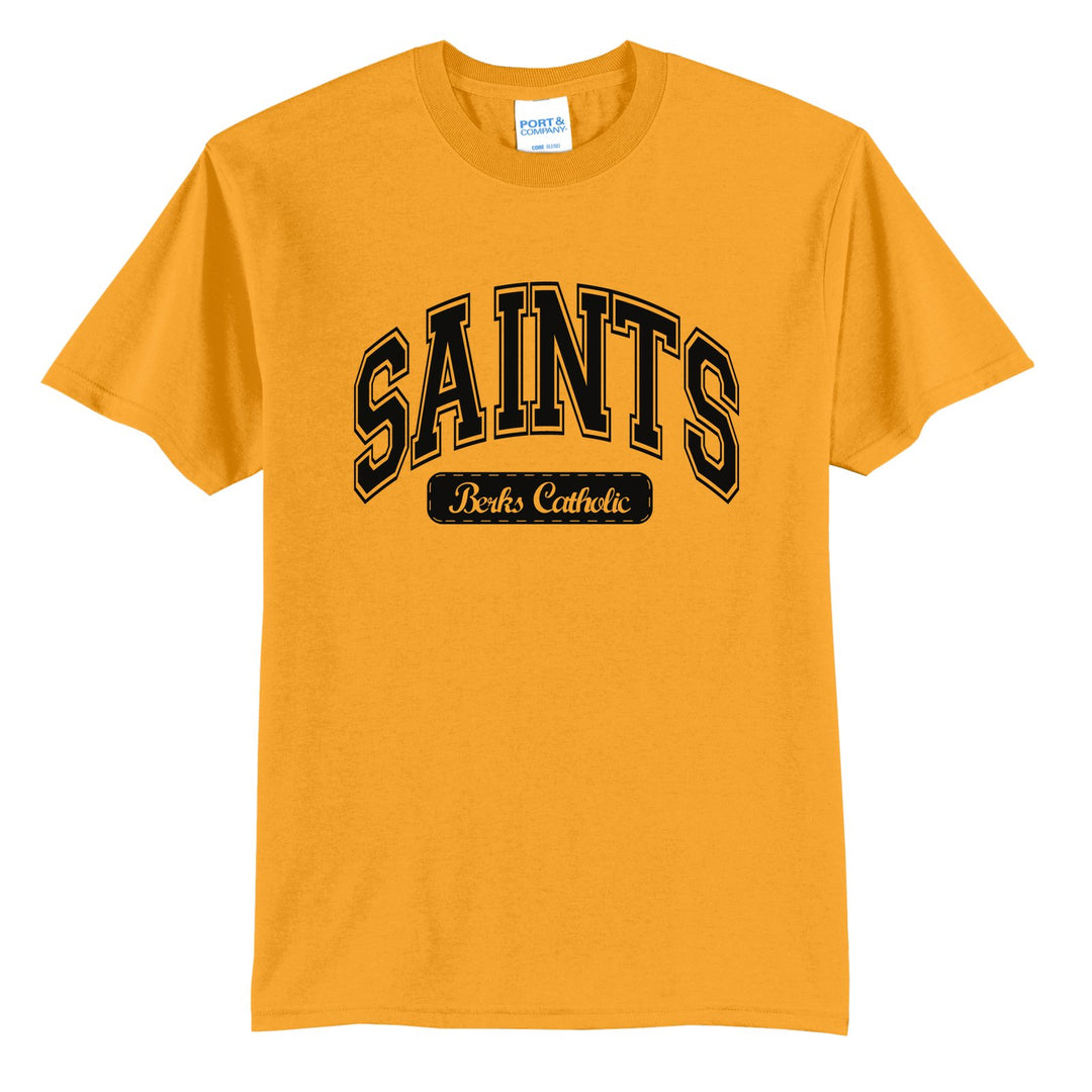 Berks Catholic Saints Varsity Arch t-shirt in Gold: arched varsity SAINTS lettering over a Berks Catholic badge