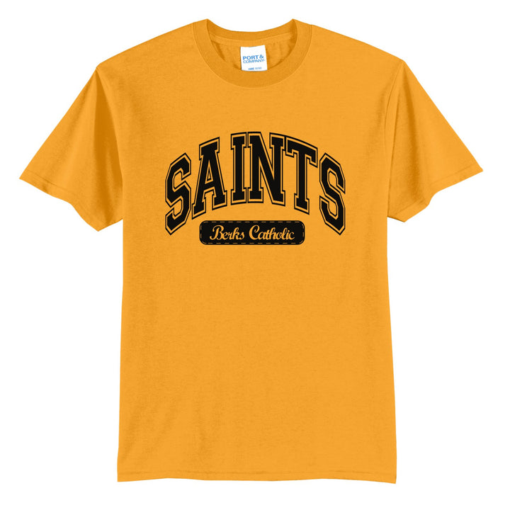 Berks Catholic Saints Varsity Arch t-shirt in Gold: arched varsity SAINTS lettering over a Berks Catholic badge