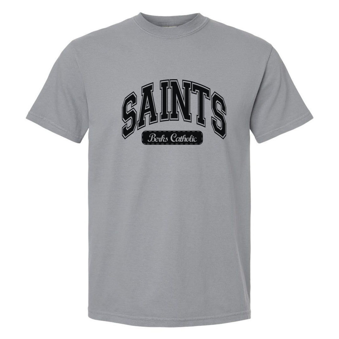Berks Catholic Saints Varsity Arch comfort colors t-shirt in Granite: arched varsity SAINTS lettering over a Berks Catholic badge