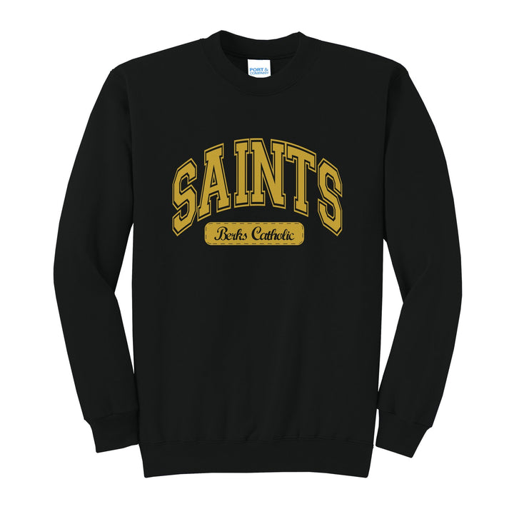 Berks Catholic Saints Varsity Arch crewneck sweatshirt in Jet Black: arched varsity SAINTS lettering over a Berks Catholic badge
