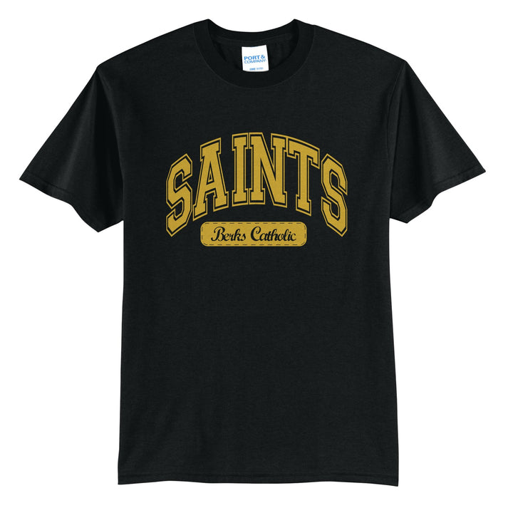 Berks Catholic Saints Varsity Arch t-shirt in Jet Black: arched varsity SAINTS lettering over a Berks Catholic badge