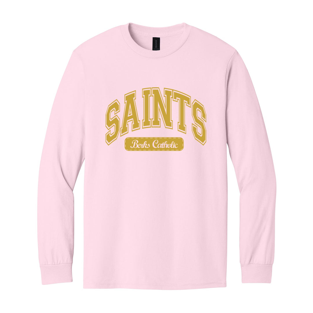 Berks Catholic Saints Varsity Arch long sleeve t-shirt in Light Pink: arched varsity SAINTS lettering over a Berks Catholic badge