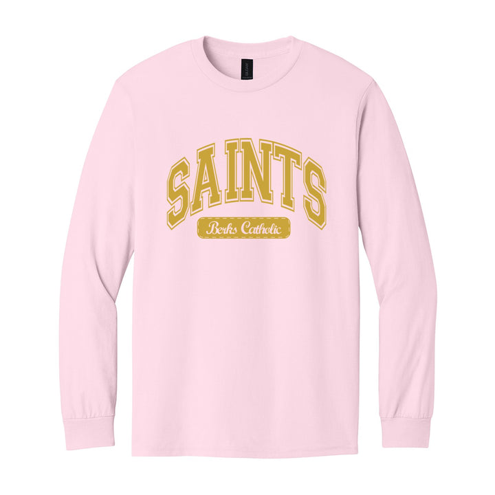Berks Catholic Saints Varsity Arch long sleeve t-shirt in Light Pink: arched varsity SAINTS lettering over a Berks Catholic badge