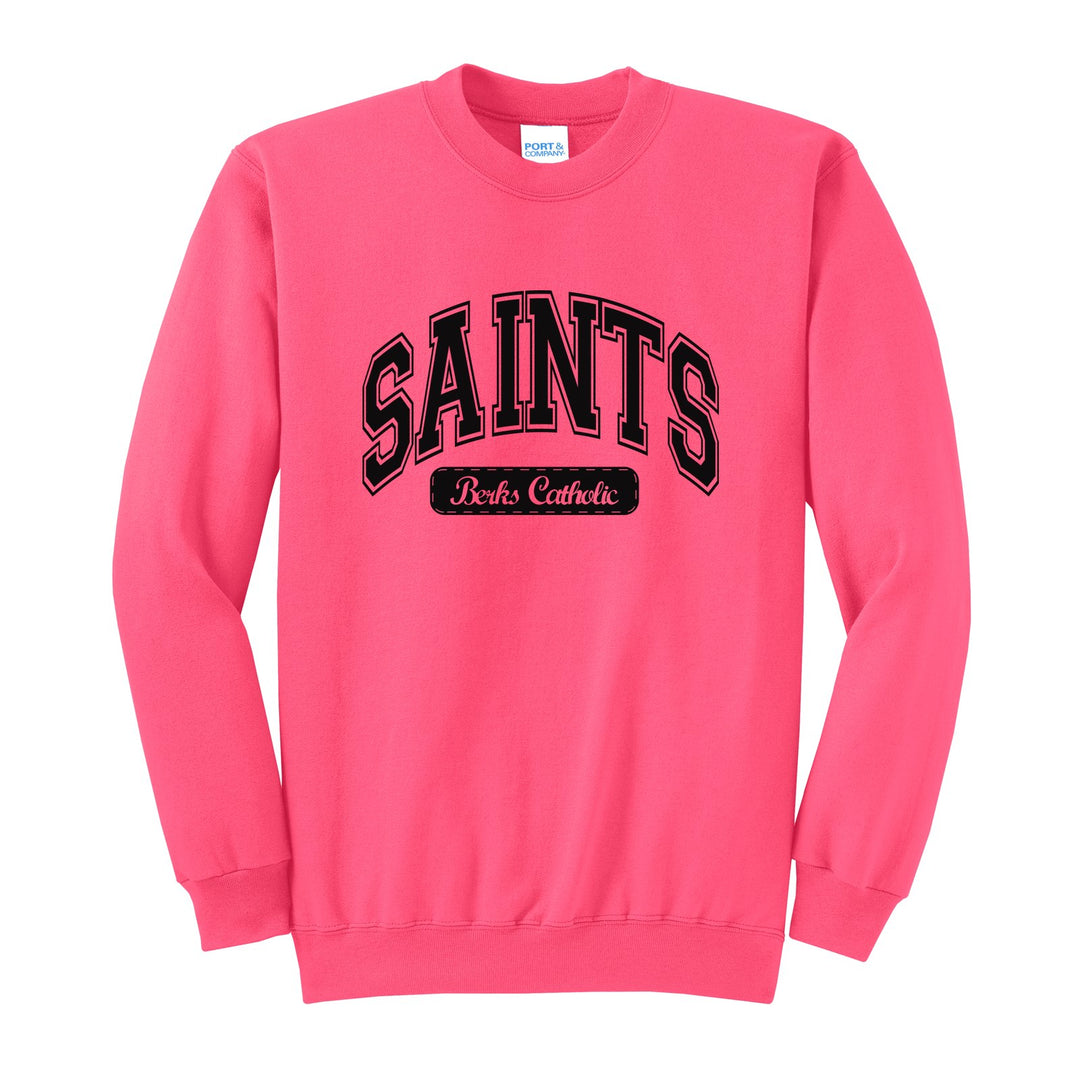 Berks Catholic Saints Varsity Arch crewneck sweatshirt in Neon Pink: arched varsity SAINTS lettering over a Berks Catholic badge