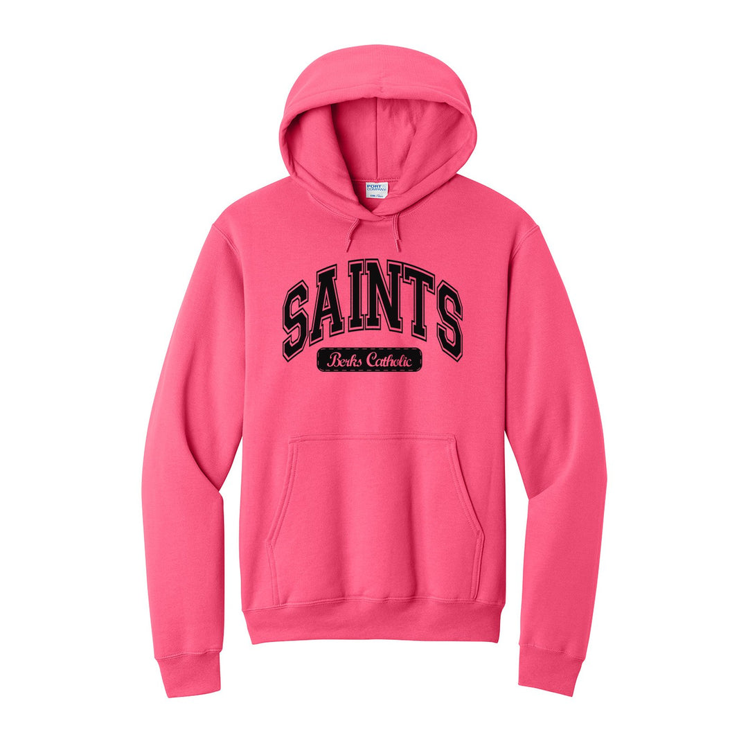 Berks Catholic Saints Varsity Arch hoodie in Neon Pink: arched varsity SAINTS lettering over a Berks Catholic badge