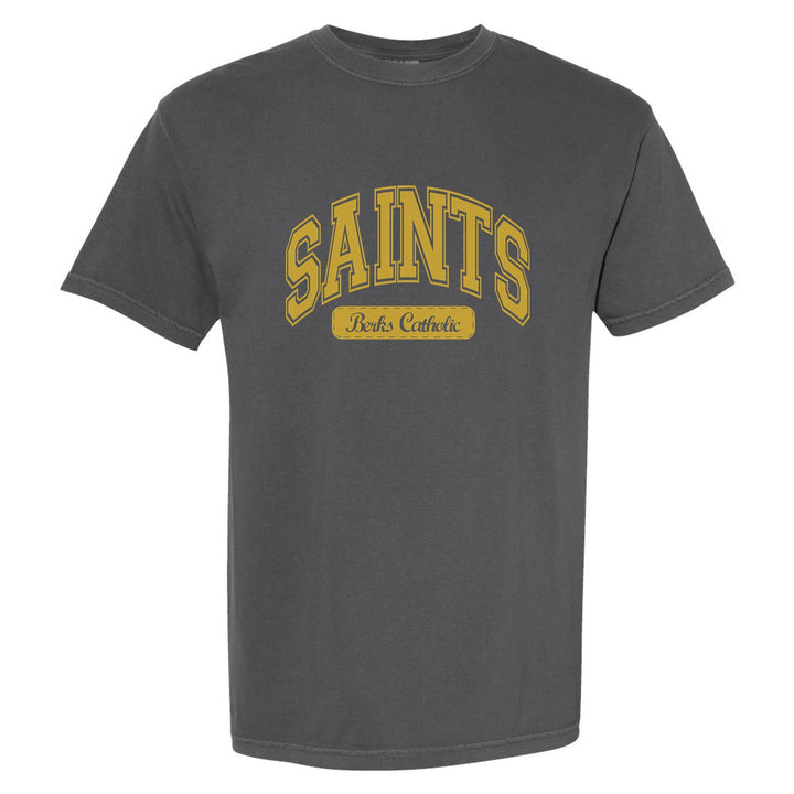 Berks Catholic Saints Varsity Arch comfort colors t-shirt in Pepper: arched varsity SAINTS lettering over a Berks Catholic badge