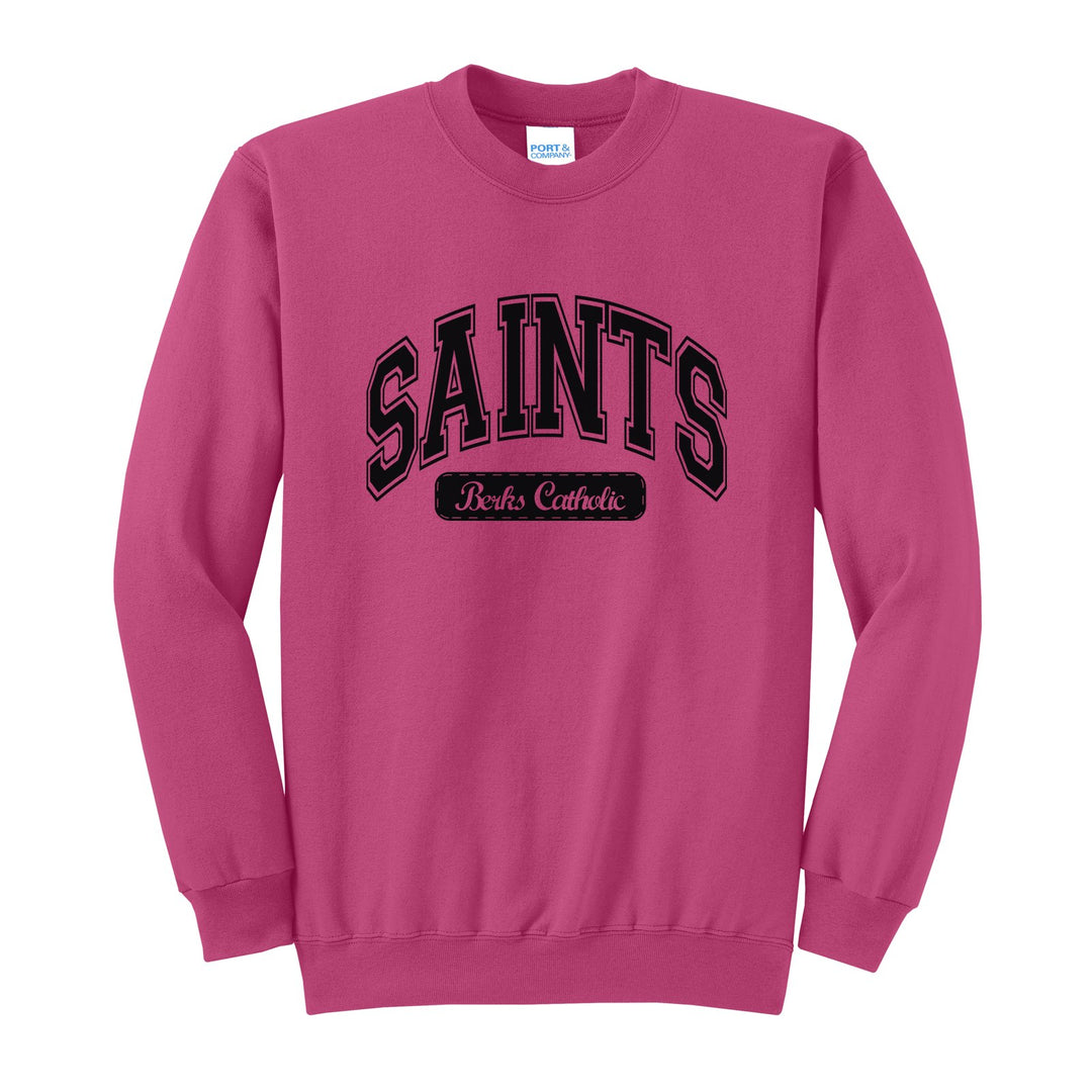 Berks Catholic Saints Varsity Arch crewneck sweatshirt in Sangria: arched varsity SAINTS lettering over a Berks Catholic badge