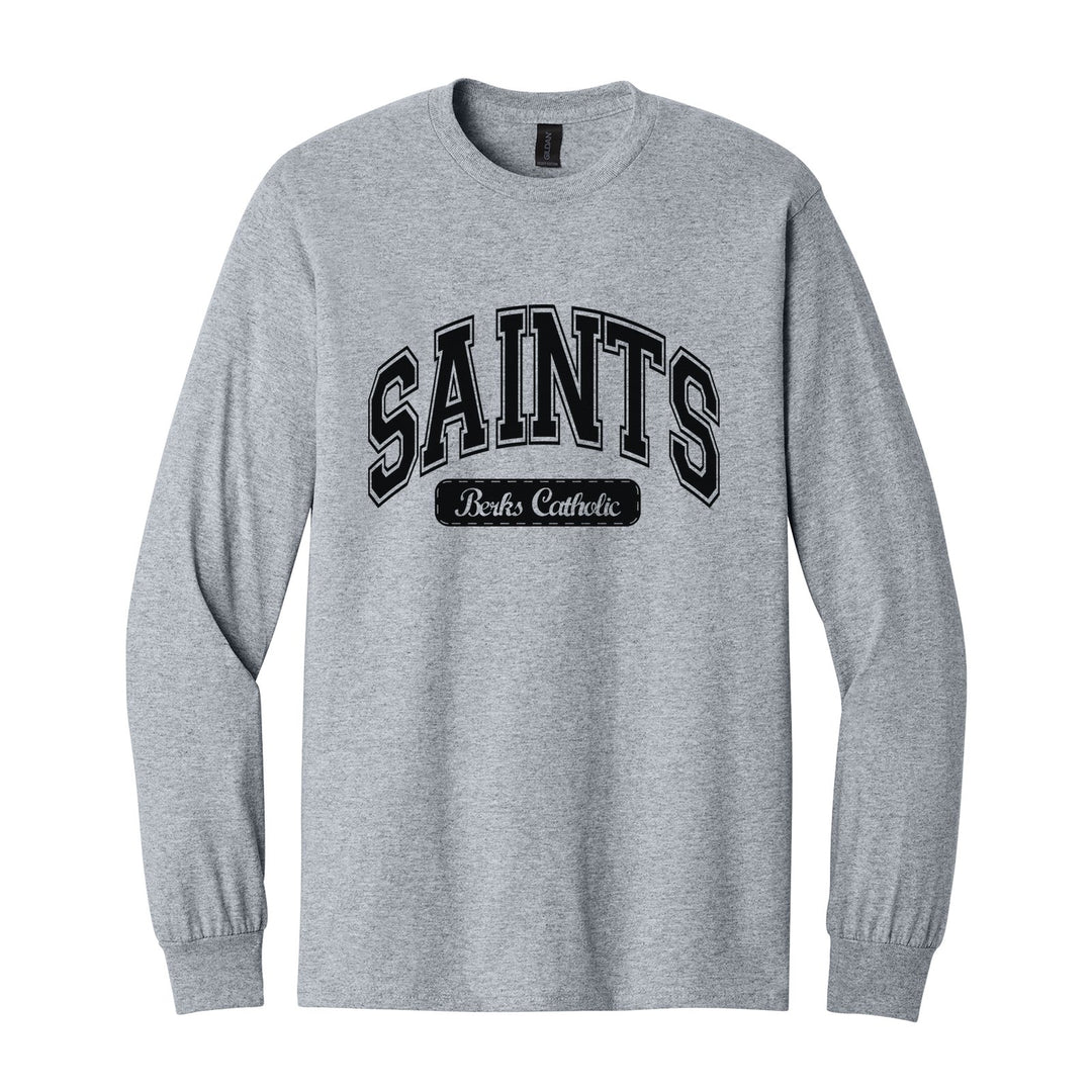 Berks Catholic Saints Varsity Arch long sleeve t-shirt in Sport Grey: arched varsity SAINTS lettering over a Berks Catholic badge