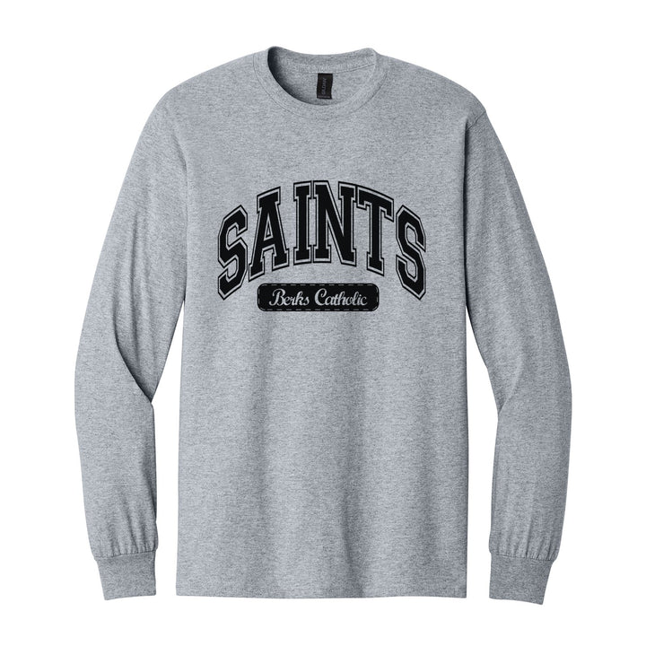 Berks Catholic Saints Varsity Arch long sleeve t-shirt in Sport Grey: arched varsity SAINTS lettering over a Berks Catholic badge