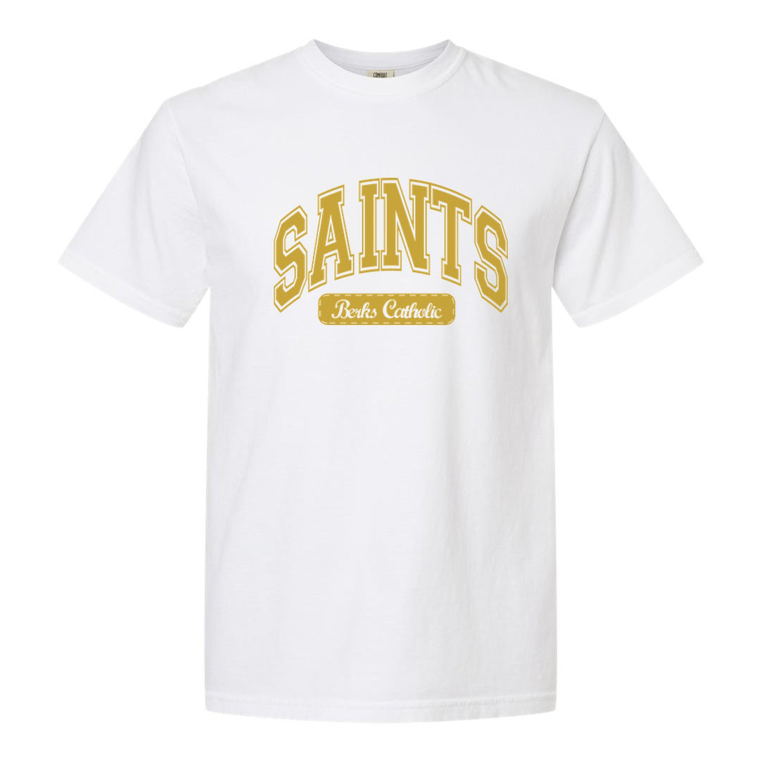Berks Catholic Saints Varsity Arch comfort colors t-shirt in White: arched varsity SAINTS lettering over a Berks Catholic badge