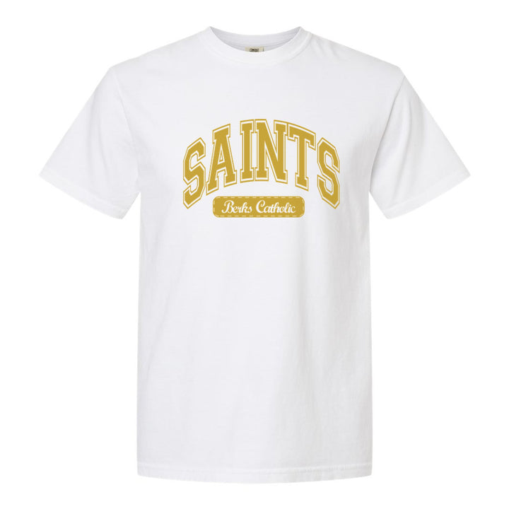 Berks Catholic Saints Varsity Arch comfort colors t-shirt in White: arched varsity SAINTS lettering over a Berks Catholic badge