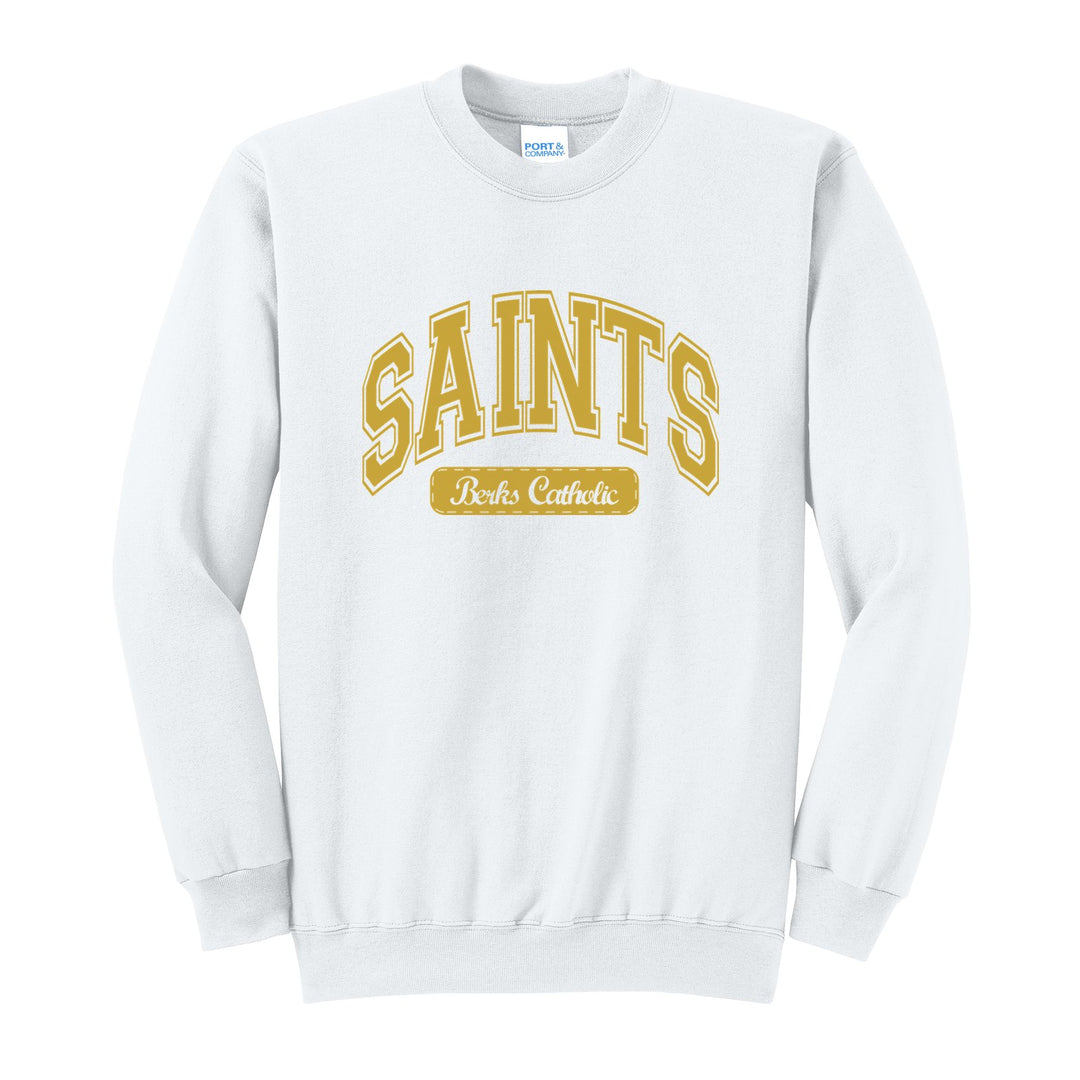 Berks Catholic Saints Varsity Arch crewneck sweatshirt in White: arched varsity SAINTS lettering over a Berks Catholic badge