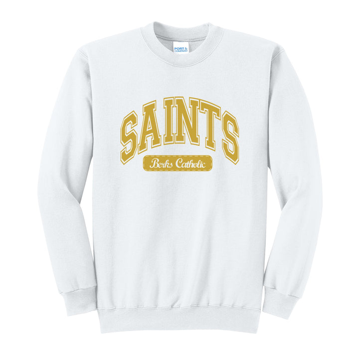 Berks Catholic Saints Varsity Arch crewneck sweatshirt in White: arched varsity SAINTS lettering over a Berks Catholic badge