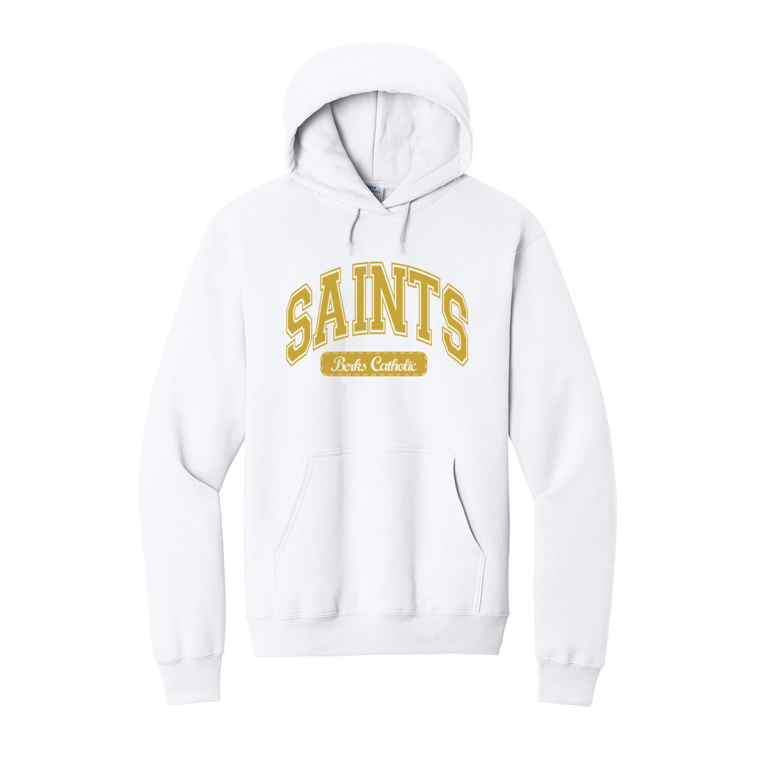 Berks Catholic Saints Varsity Arch hoodie in White: arched varsity SAINTS lettering over a Berks Catholic badge