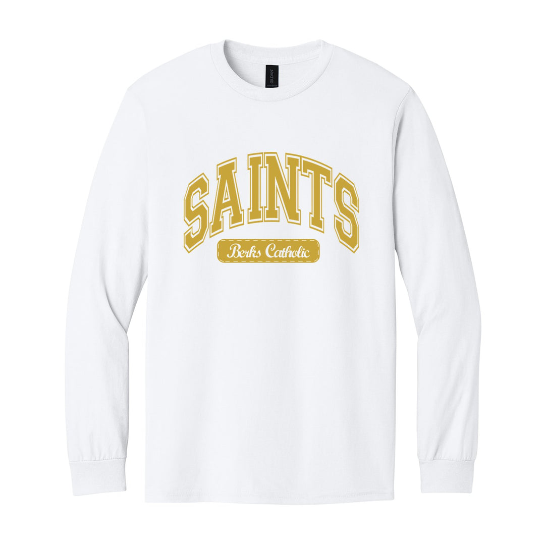 Berks Catholic Saints Varsity Arch long sleeve t-shirt in White: arched varsity SAINTS lettering over a Berks Catholic badge
