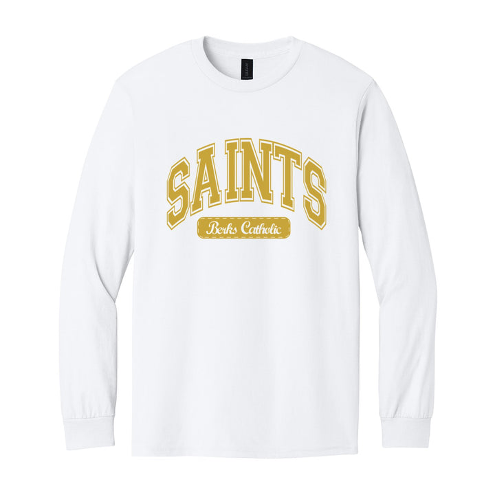 Berks Catholic Saints Varsity Arch long sleeve t-shirt in White: arched varsity SAINTS lettering over a Berks Catholic badge