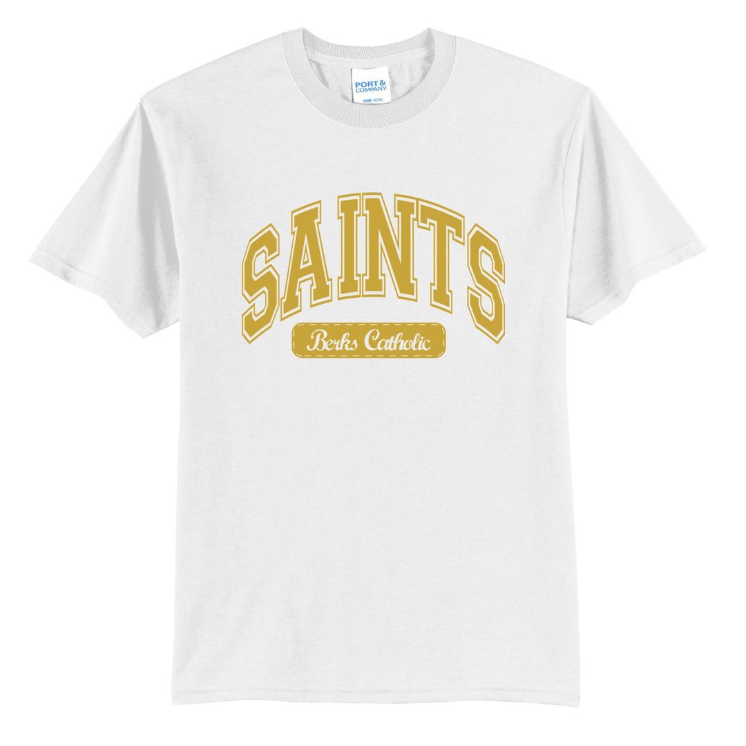 Berks Catholic Saints Varsity Arch t-shirt in White: arched varsity SAINTS lettering over a Berks Catholic badge