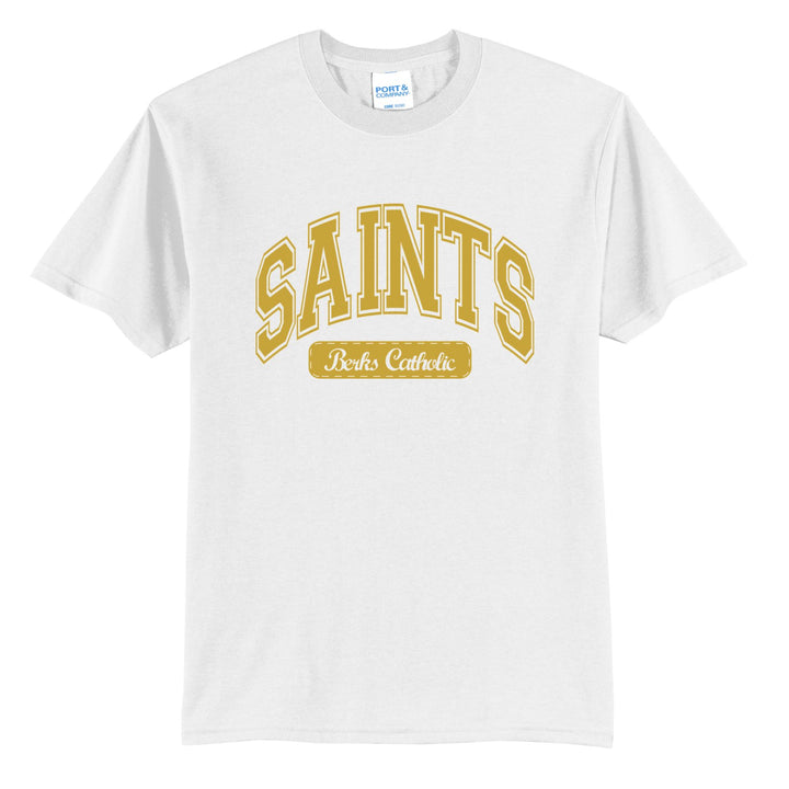 Berks Catholic Saints Varsity Arch t-shirt in White: arched varsity SAINTS lettering over a Berks Catholic badge