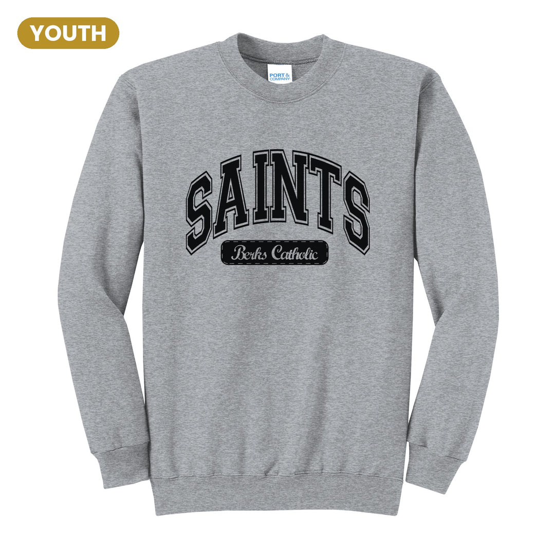 Berks Catholic Saints Varsity Arch youth crewneck sweatshirt in Athletic Heather: arched varsity SAINTS lettering over a Berks Catholic badge