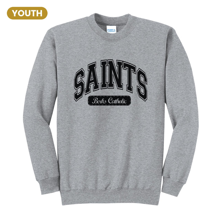 Berks Catholic Saints Varsity Arch youth crewneck sweatshirt in Athletic Heather: arched varsity SAINTS lettering over a Berks Catholic badge