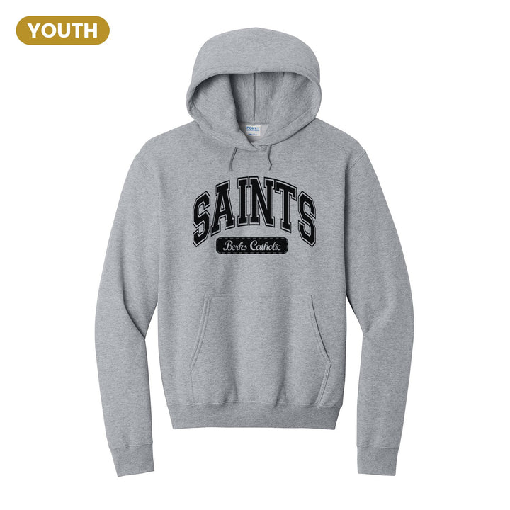 Berks Catholic Saints Varsity Arch youth hoodie in Athletic Heather: arched varsity SAINTS lettering over a Berks Catholic badge