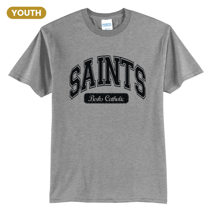 Berks Catholic Saints Varsity Arch youth t-shirt in Athletic Heather: arched varsity SAINTS lettering over a Berks Catholic badge