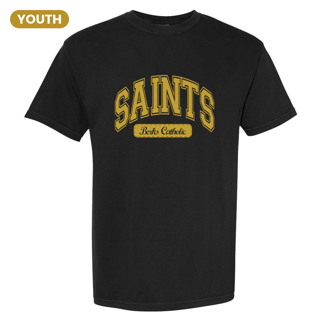 Berks Catholic Saints Varsity Arch youth comfort colors t-shirt in Black: arched varsity SAINTS lettering over a Berks Catholic badge