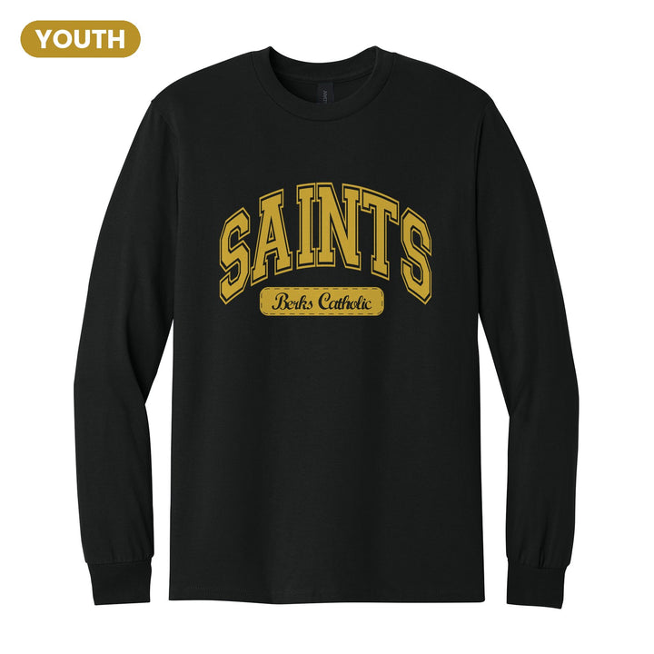 Berks Catholic Saints Varsity Arch youth long sleeve t-shirt in Black: arched varsity SAINTS lettering over a Berks Catholic badge
