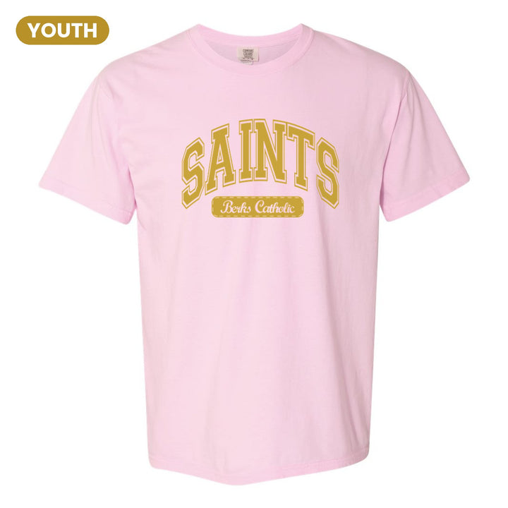 Berks Catholic Saints Varsity Arch youth comfort colors t-shirt in Blossom: arched varsity SAINTS lettering over a Berks Catholic badge
