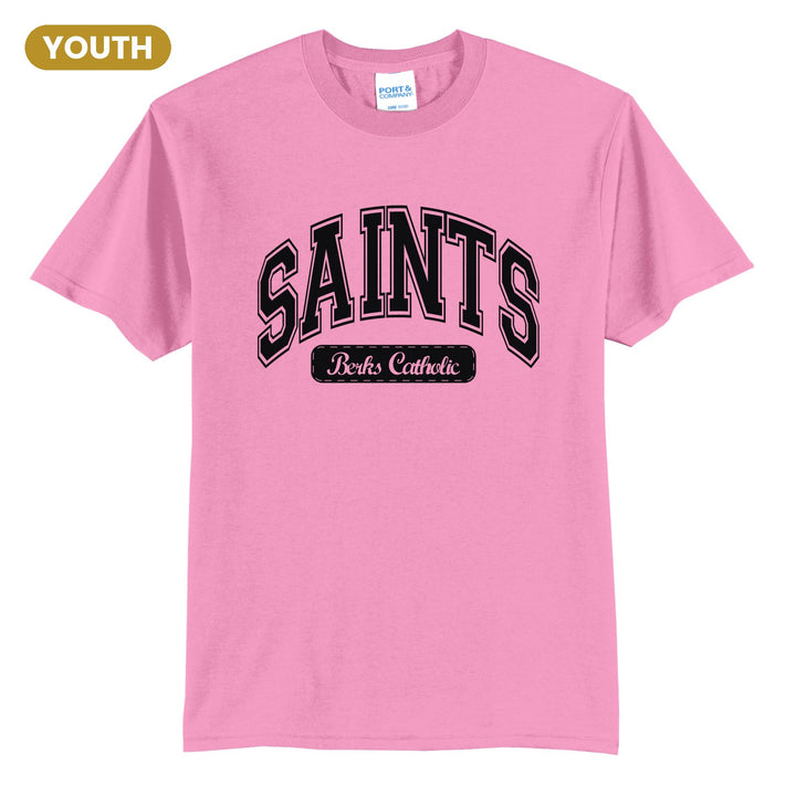 Berks Catholic Saints Varsity Arch youth t-shirt in Candy Pink: arched varsity SAINTS lettering over a Berks Catholic badge