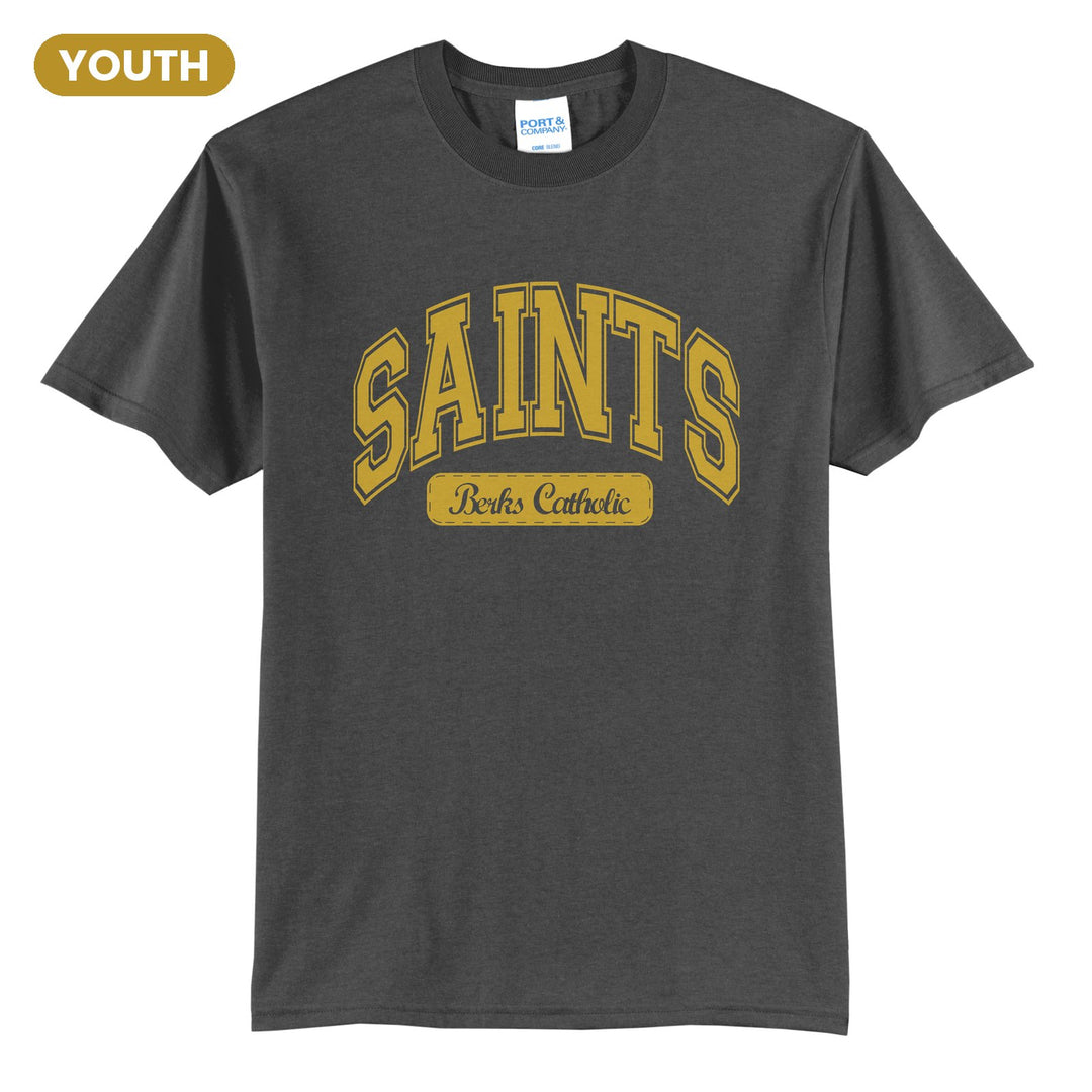 Berks Catholic Saints Varsity Arch youth t-shirt in Charcoal: arched varsity SAINTS lettering over a Berks Catholic badge