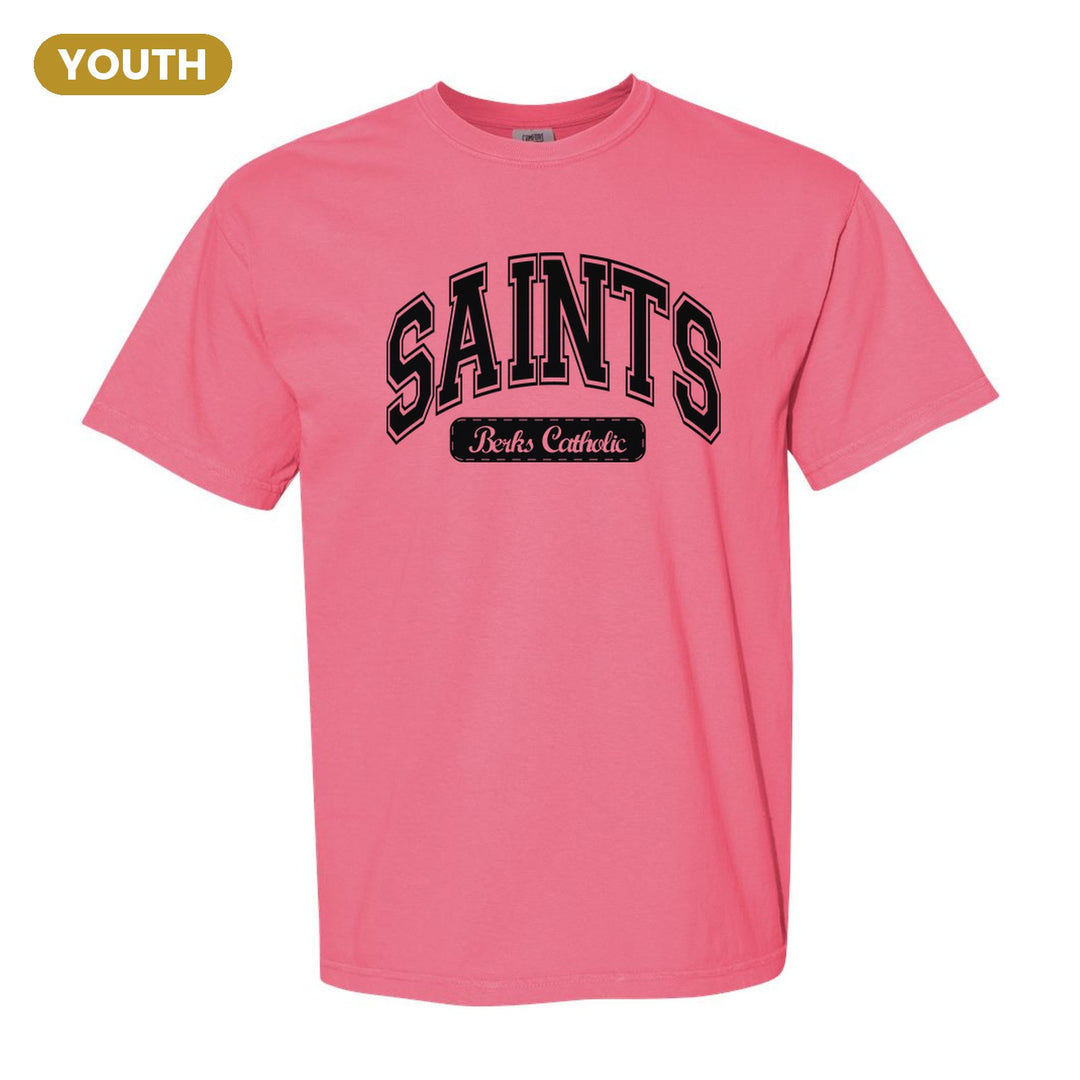 Berks Catholic Saints Varsity Arch youth comfort colors t-shirt in Crunchberry: arched varsity SAINTS lettering over a Berks Catholic badge